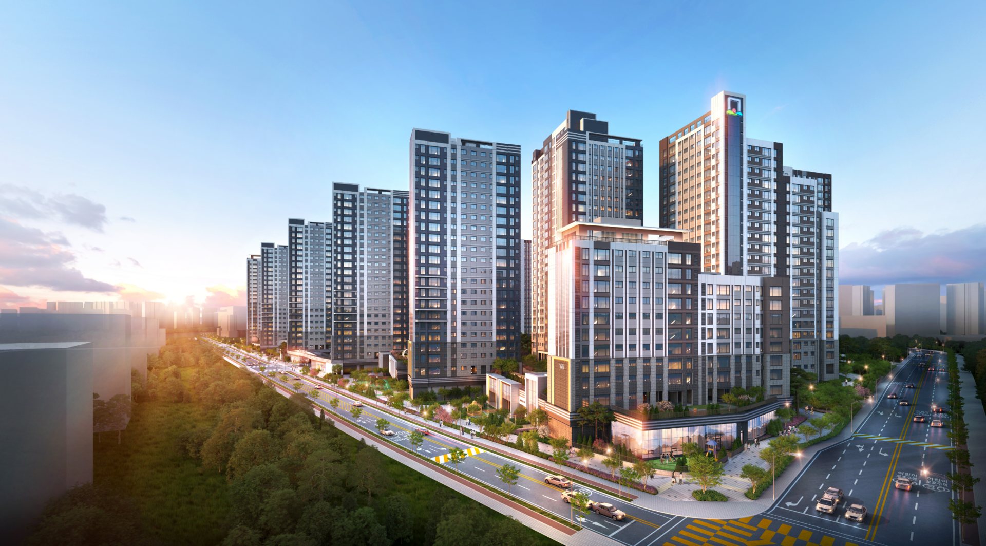 검단 센트레빌 에듀시티 투시도 — 큰길에서 올려다본 단지와 저층 상가