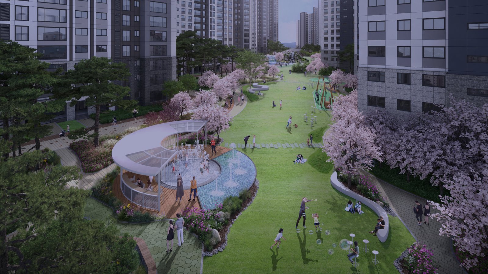 단지 가운데 잔디광장과 벚나무 산책로 (CG)